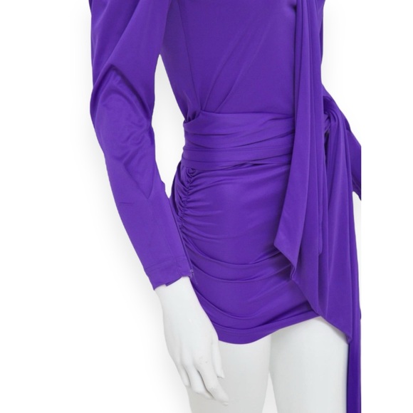 Balenciaga SS17 Purple Tie Neck Padded Shoulder Lightweight Mini Dress sz 42 - Picture 2 of 16